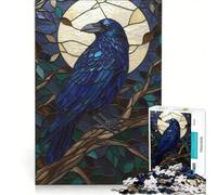 Jigsaw Puzzle 1000 Pieces Stained Glass Raven Under The Moon, Brain Teaser Game, Birthday Present, with Fully Interlocking Randomly Shaped Pieces 50x75cm