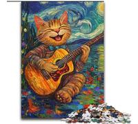 Jigsaw Puzzle 1000 Pieces Van Gogh Night Sky Cat Playing Guitar Made of Wood, High-Difficulty Brain Teaser for Teenagers size 50X75CM An for Christmas Or Birthdays