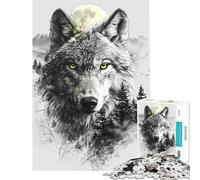Jigsaw Puzzle 1000 Pieces Wolf Double Exposure Moon Jigsaws for Adults Relax Games Analysis And Logic Deal As Gifts for The Whole Family (Size 38x52cm)