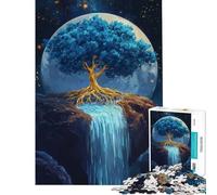 Jigsaw Puzzle 1000 Vibrant Blue Golden Tree Waterfall Educational Game Brain Intelligence Challenge Addictive Toys Secret Santa Gifts Birthday Present (Size 50x75cm)