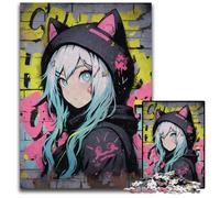 Jigsaw Puzzle 1000Pieces Kawaii Cat Girl Graffiti Wooden Jigsaw Puzzles for Adults Challenging DIY Brain Teaser Perfect Family Game Or Decorative Gift 1000 PCS(38x26cm)