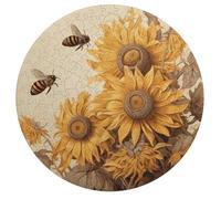 Jigsaw Puzzle 195 Pcs Challenging Round Animals Puzzle Bees and Sunflowers on Old Paper Wooden Jigsaw Puzzles for Adults Families
