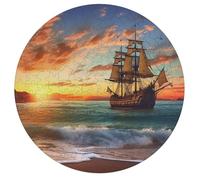 Jigsaw Puzzle 195 Pcs Challenging Round Animals Puzzle Pirate Ship in The Sunset Wooden Jigsaw Puzzles for Adults Families