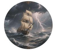 Jigsaw Puzzle 195 Pcs Challenging Round Animals Puzzle Sailing Ship in Stormy Sea Wooden Jigsaw Puzzles for Adults Families