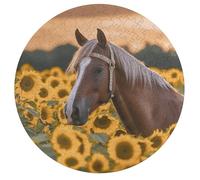 Jigsaw Puzzle 195 Pcs Challenging Round Animals Puzzle Yellow Sunflower Horse Wooden Jigsaw Puzzles for Adults Families
