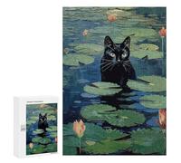 Jigsaw Puzzle 300 PCS Black Cat in Waterlilies Jigsaws for Adults Toy Wall Decor Pattern Assembly Deal As Gifts for The Whole Family 300 PCS