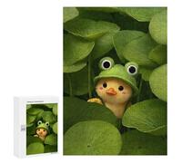 Jigsaw Puzzle 300 PCS Cute Chick with Frog Hat in Lilypads Jigsaws for Adults Toy Wall Decor Pattern Assembly Deal As Gifts for The Whole Family 300 PCS