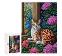 Jigsaw Puzzle 300 PCS Floral Window Cat Art Print Jigsaws for Adults Puzzle Birthday Present Difficult And Challenge Challenging Game Gifts 300 PCS
