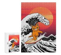 Jigsaw Puzzle 300 PCS for Adults Orange Cat Surfing Giant Wave Puzzle for Adults Toy Wall Decor Perfect Decoration Stress Reduction Gifts 300 PCS