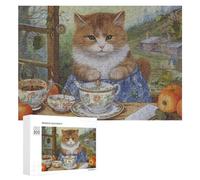 Jigsaw Puzzle 300 PCS for Adults Tea Time with A Ginger Cat -1 Jigsaw Puzzle Family Game Difficult Hard Deal As Gifts for The Whole Family 300 PCS