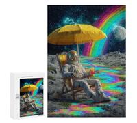 Jigsaw Puzzle 300 PCS for Teenagers Astronaut Relaxing on The Moon with Rainbow Beverage Jigsaws for Adults Puzzle Improve Memory Educational Challenge Unique Birthday And Gifts 300 PCS