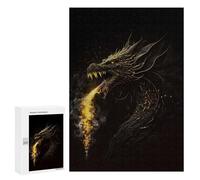Jigsaw Puzzle 300 PCS for Teenagerss Dragon Fire Gold Black Puzzle for Adults Relaxing Games Perfect Decoration Deal As Gifts for The Whole Family 300 PCS