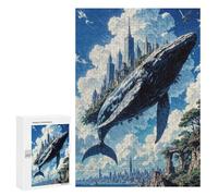 Jigsaw Puzzle 300 PCS for Teenagerss Majestic Sky Whale Carrying A Floating City Above A Coastal Metropolis Puzzles for Adults Family Game Home Decoration for Birthday, Chrismas 300 PCS