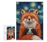 Jigsaw Puzzle 300 PCS Fox Enjoying Coffee Under Starry Night Jigsaws for Adults Toy Wall Decor Pattern Assembly Deal As Gifts for The Whole Family 300 PCS