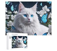 Jigsaw Puzzle 500 PCS for Adults Blue-Eyed White Cat with Butterflies Jigsaw Puzzle Family Game Difficult Hard Deal As Gifts for The Whole Family 500 PCS