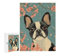 Jigsaw Puzzle 500 PCS for Adults Boston Terrier with Cherry Blossoms Art Boston Terrier Art Jigsaws for Adults DIY Toys But Fun And Humorous for Birthday, Chrismas 500 PCS