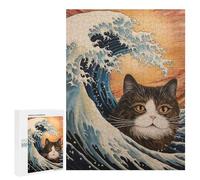 Jigsaw Puzzle 500 PCS for Adults Cat in Japanese Wave Jigsaw for Adults Hands-on Game Wall Decoration Help The Brain Exercise 500 PCS
