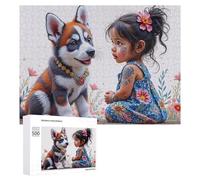 Jigsaw Puzzle 500 PCS for Adults Child with Husky Puppy in Garden Jigsaw Puzzle Family Game Difficult Hard Deal As Gifts for The Whole Family 500 PCS