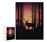 Jigsaw Puzzle 500 PCS for Adults Forest Sunset with Deer Silhouette Adult Jigsaw Brain Teaser Game Birthday Present Help The Brain Exercise 500 PCS