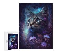Jigsaw Puzzle 500 PCS Galactic Kitten with Flowers Jigsaw Puzzles for Teenagerss Hand Speed Race Fun Activities at Home Challenging Game And Family Play 500 PCS