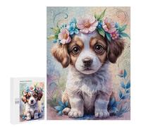 Jigsaw Puzzle 500 PCS Puppy with Flower Crown Watercolor Jigsaws for Adults Toy Wall Decor Pattern Assembly Deal As Gifts for The Whole Family 500 PCS