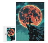 Jigsaw Puzzle 500 PCS Silhouette on Cliff with Red Moon Jigsaws for Adults Toy Wall Decor Pattern Assembly Deal As Gifts for The Whole Family 500 PCS