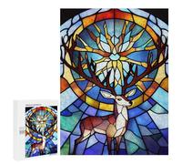 Jigsaw Puzzle 500 PCS Stained Glass Deer Window Panel Jigsaws for Adults Toy Wall Decor Difficult Hard Unique Gifts for Birthday And Christmas 500 PCS