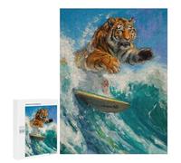 Jigsaw Puzzle 500 PCS Tiger Surfer Surfing Waves Jigsaw Puzzles for Teenagerss Hand Speed Race Fun Activities at Home Challenging Game And Family Play 500 PCS