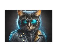 Jigsaw Puzzle 75x50cm/1000pcs for Adults Stylish Cat in Leather Jacket Jigsaw Puzzle Family Game Difficult Hard Deal As Gifts for The Whole Family 75x50cm/1000pcs