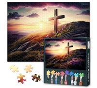 Jigsaw Puzzle Art for Home Decor Adults - 1000 Pieces Religious Cross Jigsaw Puzzles for Adults Gifts Family Games Challenging Puzzles Cross on Hilltop with Spring Flowers and Sunrise 27.5"X19.7"