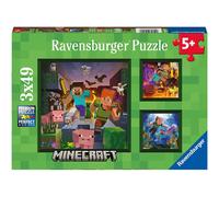 Ravensburger Minecraft Kids Jigsaw Puzzles 3 Pack, 3-in-1 Set - 3 x 49 Piece Puzzles featuring Steve, Alex & Creeper in pixel art, Ages 5+, Birthday