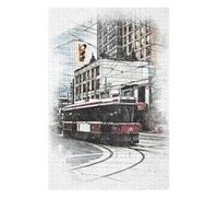 Jigsaw Puzzle Featuring Red Tram In The City, for Adults, 1000 PCS