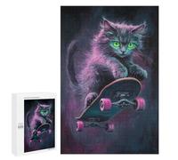 Jigsaw Puzzle for Adults 1000 PCS Neon Skateboarding Cat Art Print -3 Jigsaws for Adults Puzzle Difficult Challenge Difficult And Challenge Brainteaser Family Games 1000 PCS