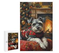 Jigsaw Puzzle for Adults 1000 PCS Schnauzer in Christmas Sweater by Fireplace Cozy Christmas Dog Art Jigsaw for Adults Anti-Stress Toys Enhance Memory Birthday And Unique Gifts 1000 PCS