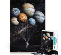 Jigsaw Puzzle for Adults 1000 Pieces Astronaut Holding Planet Balloons in Space Flawless Edge Fun Brain Exercise Toy Cozy Fun Time Xmas Scene Art (38x26cm)