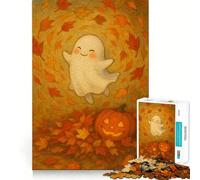 Jigsaw Puzzle for Adults 1000 Pieces Autumn Leaves Cute Halloween Ghost Flawless Edge Fun Brain Exercise Toy Cozy Fun Time Xmas Scene Art (38x52cm)