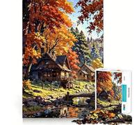 Jigsaw Puzzle for Adults 1000 Pieces Autumn Village Landscape with River Tight Cut Fun Logic Skill Play Relax Fun Time Birthday Mind Gift (38x52cm)