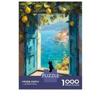 Jigsaw Puzzle for Adults 1000 Pieces, Black Cat Gazes at Mediterranean Coast Artwork, Stress Relief Activity, Christmas Family Activity, Premium Puzzle Pieces, 38x26cm/1000pcs