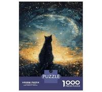 Jigsaw Puzzle for Adults 1000 Pieces, Black Cat Gazing at Starry Sky Artwork, Mindfulness Activity, Festive Season Fun, Premium Thick Cardboard, 38x26cm/1000pcs