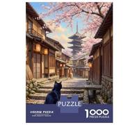 Jigsaw Puzzle for Adults 1000 Pieces, Black Cat Kyoto Cherry Blossom Artwork, Stress Relief Activity, Winter Indoor Entertainment, Durable Puzzle Pieces, 38x26cm/1000pcs