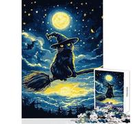 Jigsaw Puzzle for Adults 1000 Pieces Black Cat Witch on Broom DIY Toys Funny Gift Educational Game Improving Love between Couples Size 50x75cm
