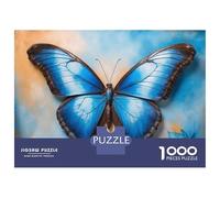 Jigsaw Puzzle for Adults 1000 Pieces, Blue Butterfly Painting Artwork, Mindfulness Activity, Perfect, Premium Thick Cardboard, 52x38cm/1000pcs