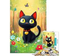 Jigsaw Puzzle for Adults 1000 Pieces Cartoon Black Cat in Flower Garden Educational Game Learning Educational Toys Great Gifts And Toys for The Whole Family (Size 38x52cm)
