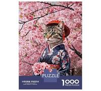 Jigsaw Puzzle for Adults 1000 Pieces Cat in Kimono with Cherry Blossoms Puzzles for Adults Relax Games Pattern Assembly for Is Ideal As A Gift 70x50cm/1000pcs