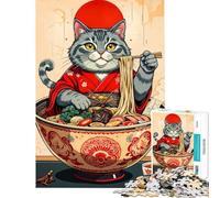 Jigsaw Puzzle for Adults 1000 Pieces Cat in Ramen Bowl with Chopsticks Fun at Home Activities, Improve Memory Anti-Stress Toys for And from 14 Years And over (38x26cm)