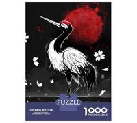 Jigsaw Puzzle for Adults 1000 Pieces, Crane And Red Moon Illustration Artwork, Mindfulness Activity, Winter Indoor Entertainment, Premium Puzzle Pieces, 70x50cm/1000pcs