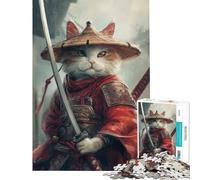 Jigsaw Puzzle for Adults 1000 Pieces Cute Cartoon Cat Samurai Educational Games Toys Educational Games Secret Santa Gifts Analysis And Logic (Size 38x26cm)
