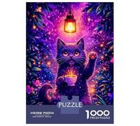 Jigsaw Puzzle for Adults 1000 Pieces, Enchanting Cat with Tea in Magical Forest Artwork, Stress Relief Activity, Winter Indoor Entertainment, Durable Puzzle Pieces, 38x26cm/1000pcs
