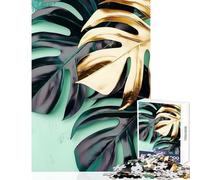 Jigsaw Puzzle for Adults 1000 Pieces Gold ﹨u Green Monstera Leaves DIY Toys Funny Gift Educational Game Improving Love between Couples Size 38x52cm