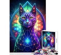Jigsaw Puzzle for Adults 1000 Pieces Neon Cat Stained Glass Toy Wall Decor Funny Gift Educational Games with Fully Interlocking Randomly Shaped Pieces Size 38x52cm
